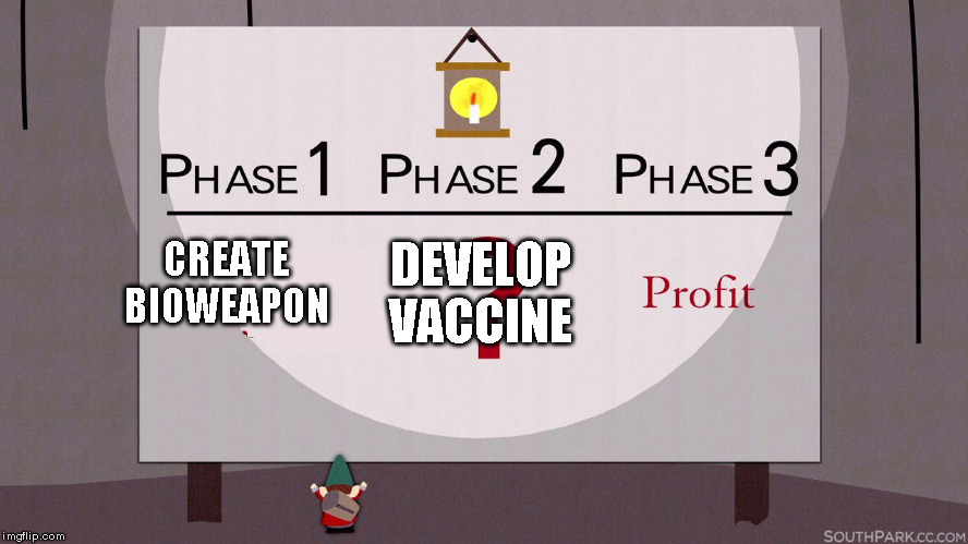 why develop bioweapons? | DEVELOP VACCINE; CREATE BIOWEAPON | image tagged in south park underpants gnomes,profit motive | made w/ Imgflip meme maker