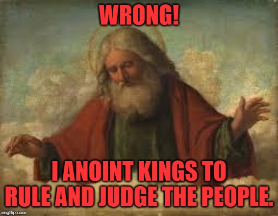 god | WRONG! I ANOINT KINGS TO RULE AND JUDGE THE PEOPLE. | image tagged in god | made w/ Imgflip meme maker