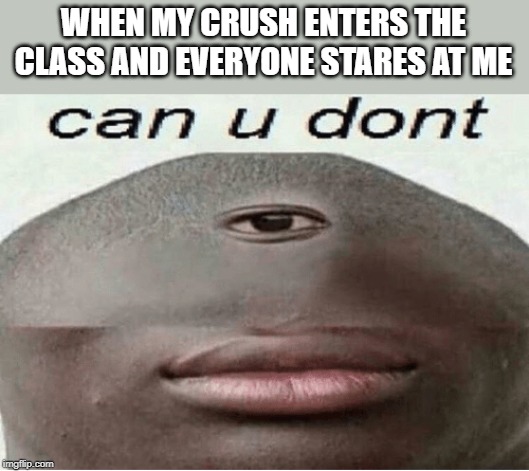 can u dont | WHEN MY CRUSH ENTERS THE CLASS AND EVERYONE STARES AT ME | image tagged in can u dont | made w/ Imgflip meme maker