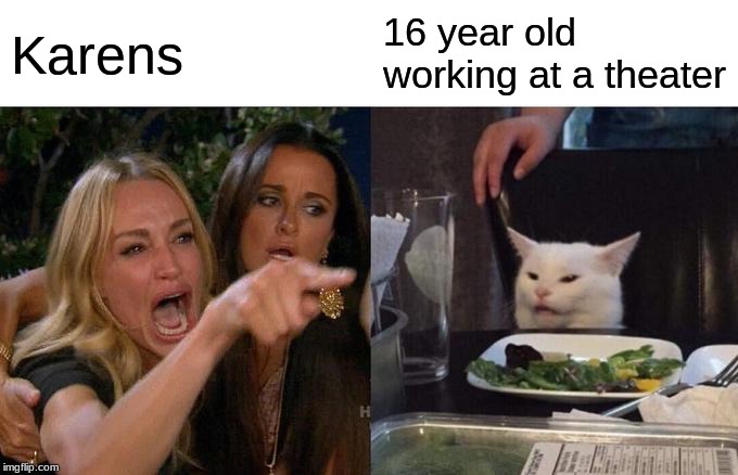 Woman Yelling At Cat Meme | Karens; 16 year old working at a theater | image tagged in memes,woman yelling at cat | made w/ Imgflip meme maker