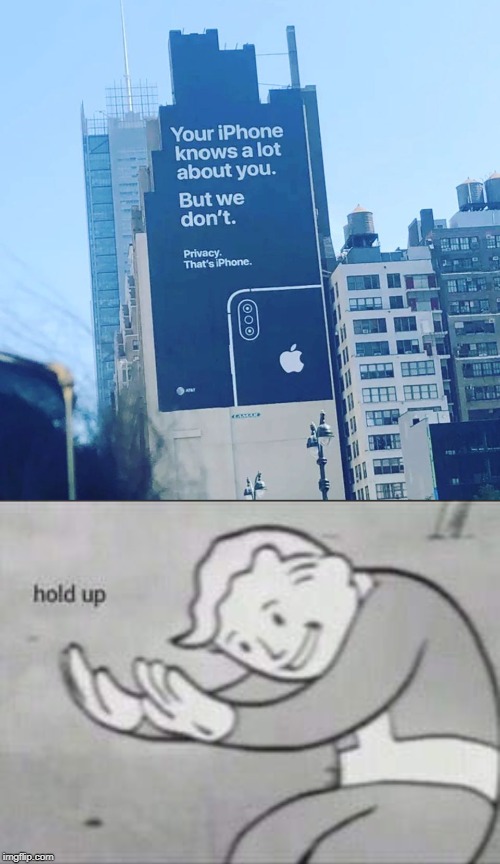 An Apple A Day Takes Your Info Away | image tagged in fallout hold up,apple,iphone,spying,hold up,memes | made w/ Imgflip meme maker