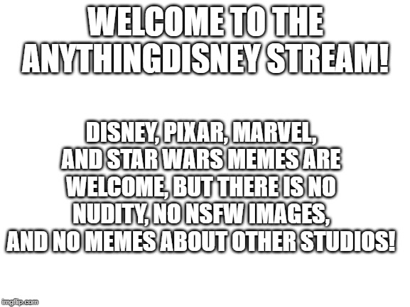 The code of conduct | WELCOME TO THE ANYTHINGDISNEY STREAM! DISNEY, PIXAR, MARVEL, AND STAR WARS MEMES ARE WELCOME, BUT THERE IS NO NUDITY, NO NSFW IMAGES, AND NO MEMES ABOUT OTHER STUDIOS! | image tagged in blank white template | made w/ Imgflip meme maker