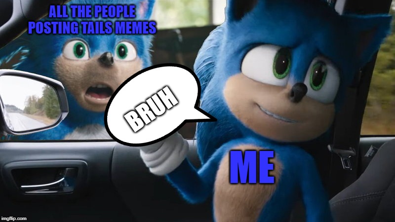 Just stop | ALL THE PEOPLE POSTING TAILS MEMES; BRUH; ME | image tagged in sonic points at sonic | made w/ Imgflip meme maker