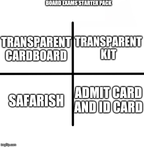 Board Exams | BOARD EXAMS STARTER PACK; TRANSPARENT KIT; TRANSPARENT CARDBOARD; ADMIT CARD AND ID CARD; SAFARISH | image tagged in memes,blank starter pack | made w/ Imgflip meme maker