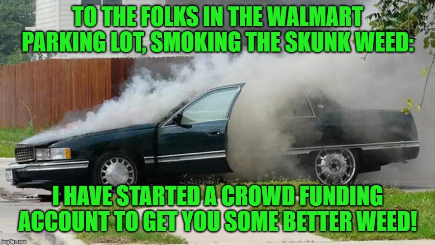 Smoking Car | TO THE FOLKS IN THE WALMART PARKING LOT, SMOKING THE SKUNK WEED:; I HAVE STARTED A CROWD FUNDING ACCOUNT TO GET YOU SOME BETTER WEED! | image tagged in smoking car | made w/ Imgflip meme maker