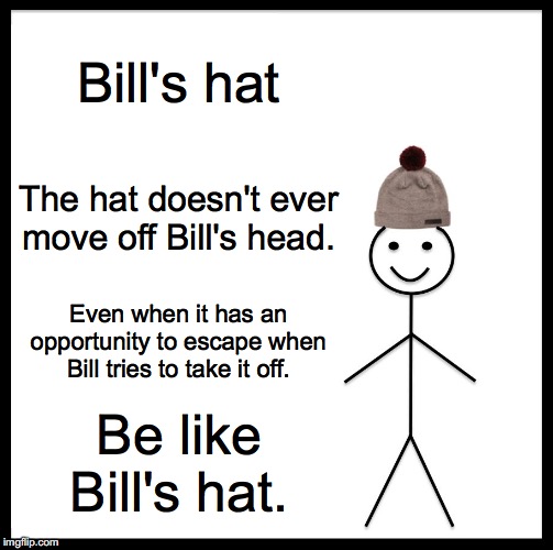 Be Like Bill Meme | Bill's hat; The hat doesn't ever move off Bill's head. Even when it has an opportunity to escape when Bill tries to take it off. Be like Bill's hat. | image tagged in memes,be like bill | made w/ Imgflip meme maker