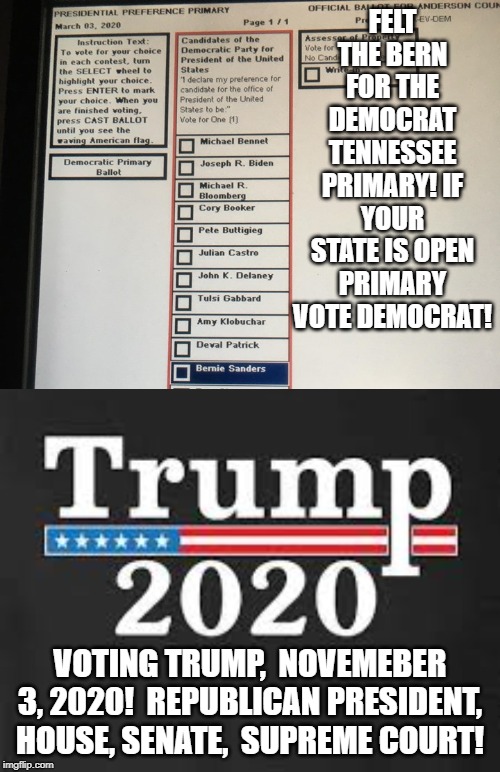 Vote Bernie Open State Primaries, SC, TN, TX, AL, VA, More! Make Democrats pay for  the Russian  Collusion Delusion! TRUMP 2020! | FELT THE BERN FOR THE DEMOCRAT TENNESSEE PRIMARY! IF YOUR STATE IS OPEN PRIMARY VOTE DEMOCRAT! VOTING TRUMP,  NOVEMEBER 3, 2020!  REPUBLICAN PRESIDENT, HOUSE, SENATE,  SUPREME COURT! | image tagged in democrats,bernie sanders,trump | made w/ Imgflip meme maker