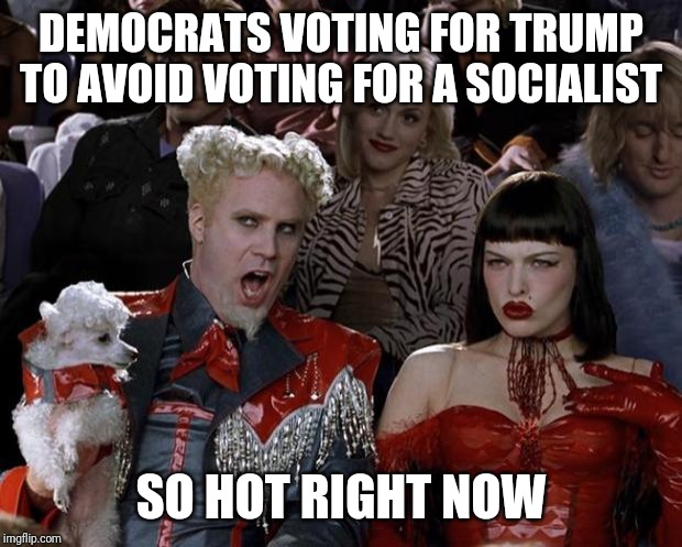 Mugatu So Hot Right Now Meme | DEMOCRATS VOTING FOR TRUMP TO AVOID VOTING FOR A SOCIALIST SO HOT RIGHT NOW | image tagged in memes,mugatu so hot right now | made w/ Imgflip meme maker