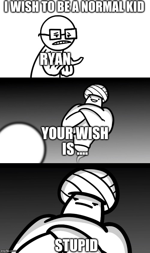 Your Wish is Stupid | I WISH TO BE A NORMAL KID; RYAN; YOUR WISH IS .... STUPID | image tagged in your wish is stupid | made w/ Imgflip meme maker