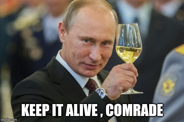 Putin Cheers | KEEP IT ALIVE , COMRADE | image tagged in putin cheers | made w/ Imgflip meme maker