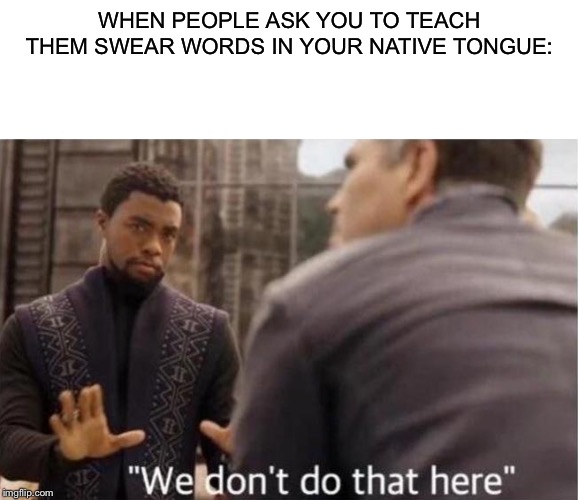WHEN PEOPLE ASK YOU TO TEACH THEM SWEAR WORDS IN YOUR NATIVE TONGUE: | image tagged in blank white template,we dont do that here | made w/ Imgflip meme maker