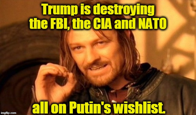 One Does Not Simply Meme | Trump is destroying the FBI, the CIA and NATO all on Putin's wishlist. | image tagged in memes,one does not simply | made w/ Imgflip meme maker