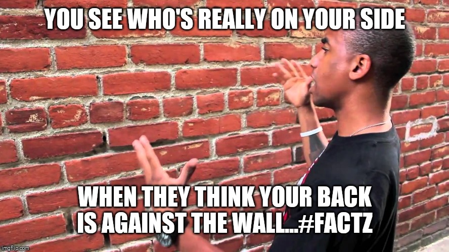 Jroc113 | YOU SEE WHO'S REALLY ON YOUR SIDE; WHEN THEY THINK YOUR BACK IS AGAINST THE WALL...#FACTZ | image tagged in talking to wall | made w/ Imgflip meme maker