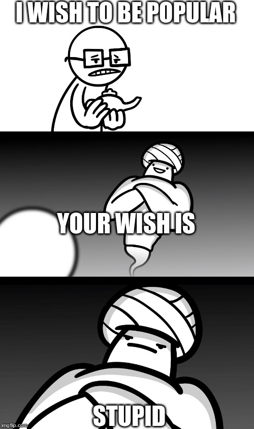 Your Wish is Stupid | I WISH TO BE POPULAR; YOUR WISH IS; STUPID | image tagged in your wish is stupid | made w/ Imgflip meme maker