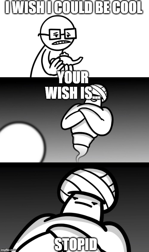 Your Wish is Stupid | I WISH I COULD BE COOL; YOUR WISH IS... STOPID | image tagged in your wish is stupid | made w/ Imgflip meme maker