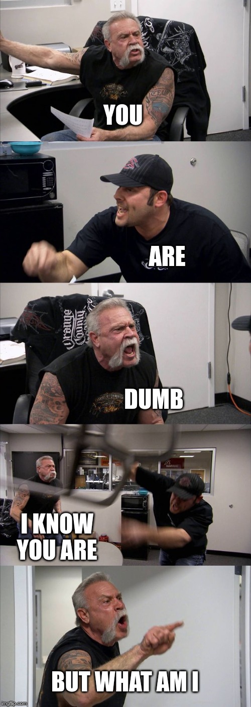 American Chopper Argument Meme |  YOU; ARE; DUMB; I KNOW YOU ARE; BUT WHAT AM I | image tagged in memes,american chopper argument | made w/ Imgflip meme maker