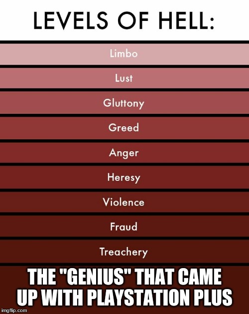 Levels of hell | THE "GENIUS" THAT CAME UP WITH PLAYSTATION PLUS | image tagged in levels of hell | made w/ Imgflip meme maker