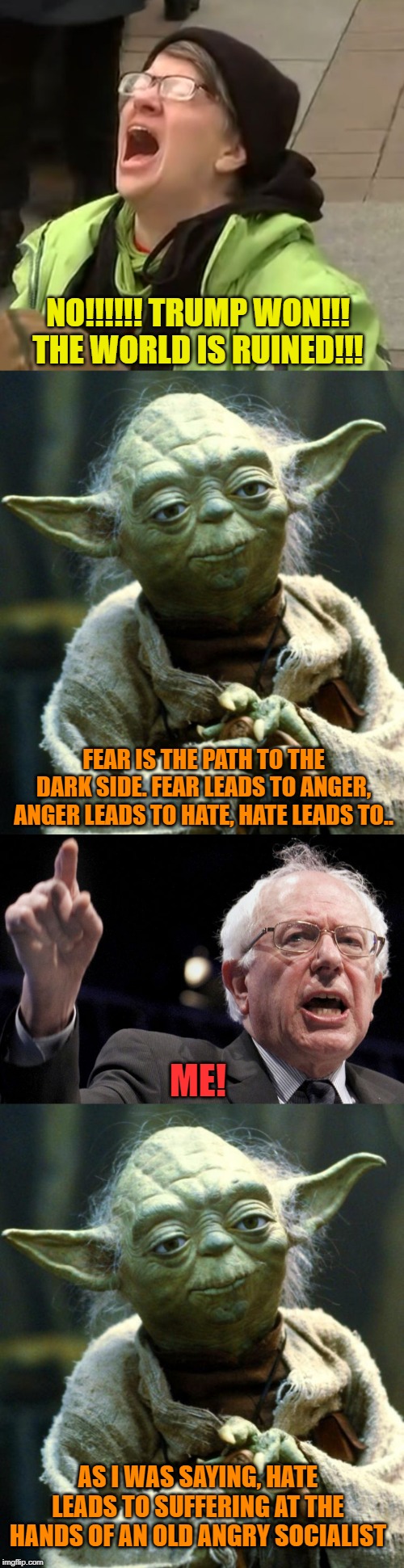 Fear is the Path | NO!!!!!! TRUMP WON!!! THE WORLD IS RUINED!!! FEAR IS THE PATH TO THE DARK SIDE. FEAR LEADS TO ANGER, ANGER LEADS TO HATE, HATE LEADS TO.. ME! AS I WAS SAYING, HATE LEADS TO SUFFERING AT THE HANDS OF AN OLD ANGRY SOCIALIST | image tagged in memes,star wars yoda,bernie sanders,snowflake,politics,election 2020 | made w/ Imgflip meme maker