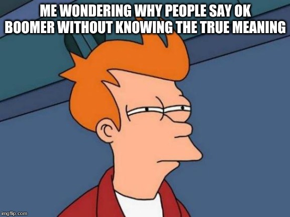 Futurama Fry Meme | ME WONDERING WHY PEOPLE SAY OK BOOMER WITHOUT KNOWING THE TRUE MEANING | image tagged in memes,futurama fry | made w/ Imgflip meme maker