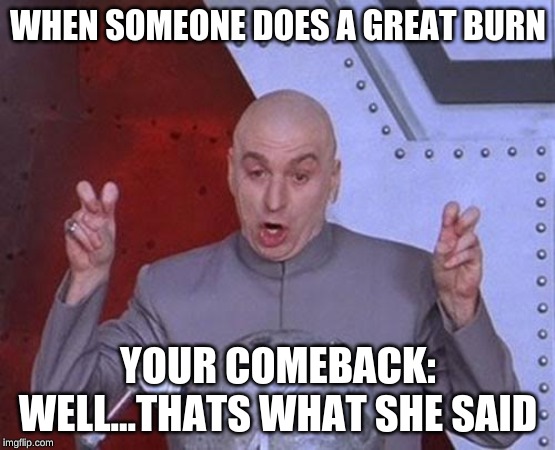 Dr Evil Laser Meme | WHEN SOMEONE DOES A GREAT BURN; YOUR COMEBACK: WELL...THATS WHAT SHE SAID | image tagged in memes,dr evil laser | made w/ Imgflip meme maker