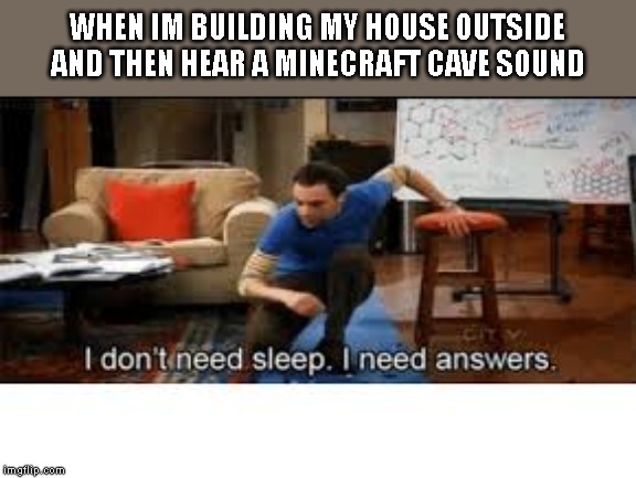 i dont need sleep i need answers | WHEN IM BUILDING MY HOUSE OUTSIDE AND THEN HEAR A MINECRAFT CAVE SOUND | image tagged in i dont need sleep i need answers | made w/ Imgflip meme maker