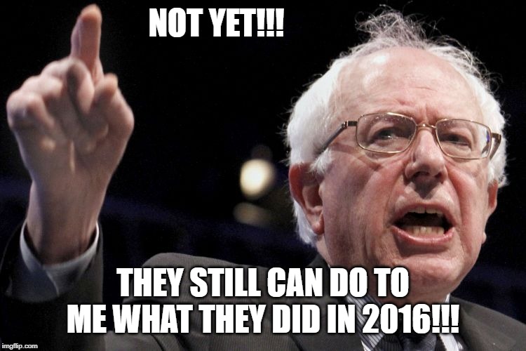 Bernie Sanders | NOT YET!!! THEY STILL CAN DO TO ME WHAT THEY DID IN 2016!!! | image tagged in bernie sanders | made w/ Imgflip meme maker