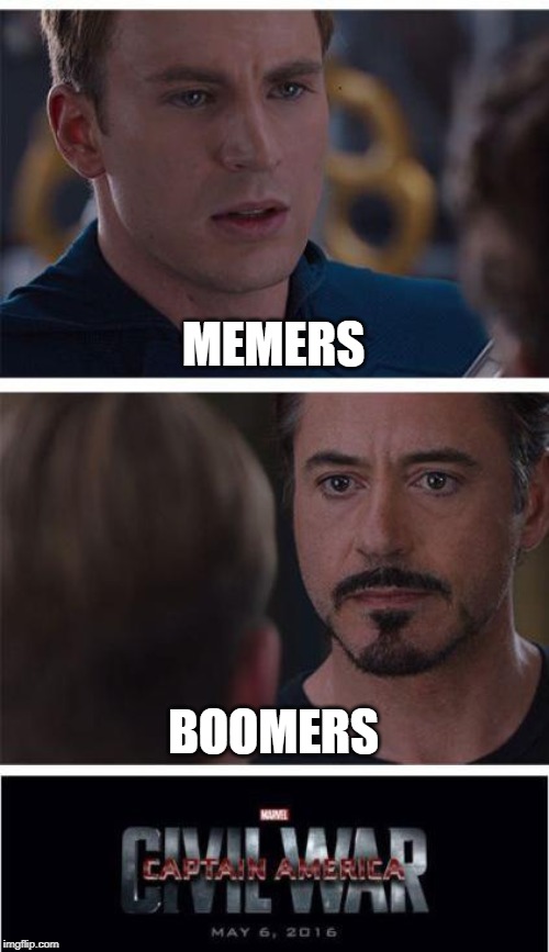 Marvel Civil War 1 |  MEMERS; BOOMERS | image tagged in memes,marvel civil war 1 | made w/ Imgflip meme maker