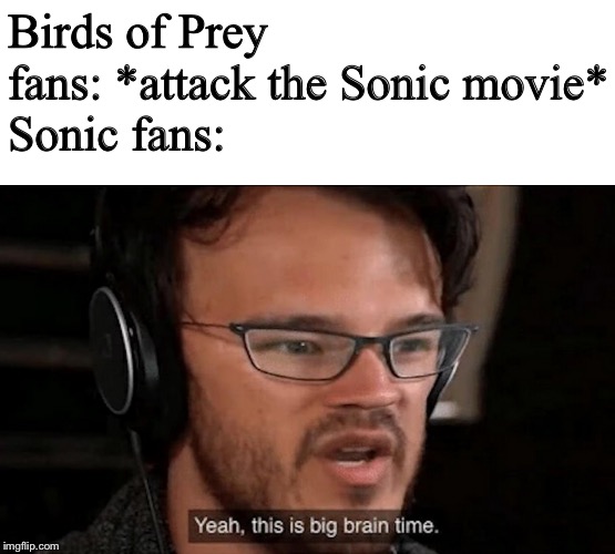 Big Brain Time | Birds of Prey fans: *attack the Sonic movie*
Sonic fans: | image tagged in big brain time | made w/ Imgflip meme maker