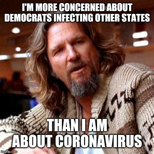 Confused Lebowski Meme | I'M MORE CONCERNED ABOUT DEMOCRATS INFECTING OTHER STATES THAN I AM ABOUT CORONAVIRUS | image tagged in memes,confused lebowski | made w/ Imgflip meme maker