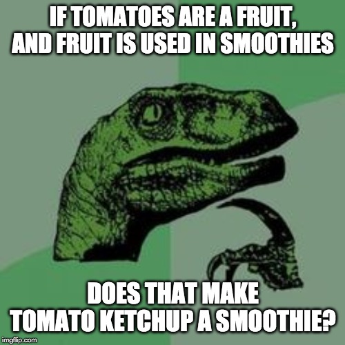 Time raptor  | IF TOMATOES ARE A FRUIT, AND FRUIT IS USED IN SMOOTHIES; DOES THAT MAKE TOMATO KETCHUP A SMOOTHIE? | image tagged in time raptor | made w/ Imgflip meme maker