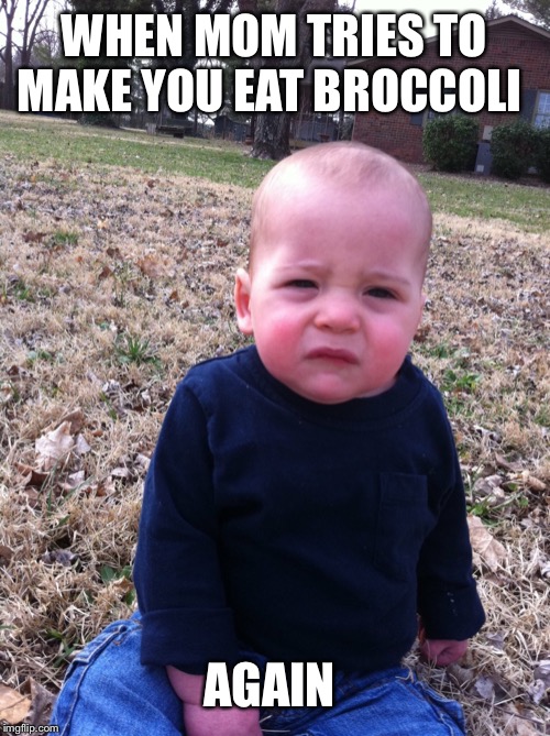 Broccoli |  WHEN MOM TRIES TO MAKE YOU EAT BROCCOLI; AGAIN | image tagged in funny memes,that face you make when | made w/ Imgflip meme maker