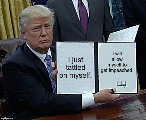 Trump Bill Signing | I just tattled on myself. I will allow myself to get impeached. | image tagged in memes,trump bill signing | made w/ Imgflip meme maker