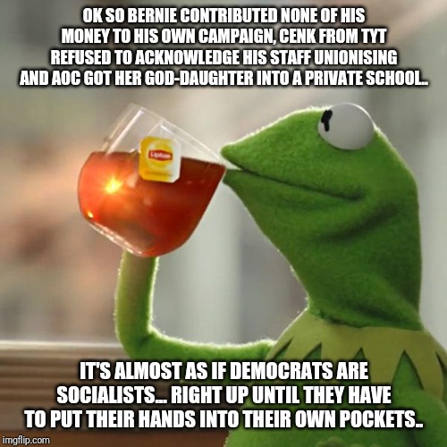 But That's None Of My Business |  OK SO BERNIE CONTRIBUTED NONE OF HIS MONEY TO HIS OWN CAMPAIGN, CENK FROM TYT REFUSED TO ACKNOWLEDGE HIS STAFF UNIONISING AND AOC GOT HER GOD-DAUGHTER INTO A PRIVATE SCHOOL.. IT'S ALMOST AS IF DEMOCRATS ARE SOCIALISTS... RIGHT UP UNTIL THEY HAVE TO PUT THEIR HANDS INTO THEIR OWN POCKETS.. | image tagged in memes,but thats none of my business,kermit the frog | made w/ Imgflip meme maker