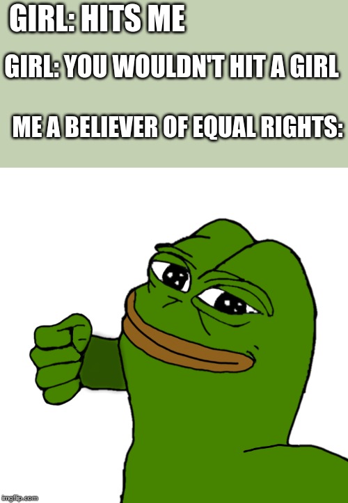 Pepe punch | GIRL: HITS ME; GIRL: YOU WOULDN'T HIT A GIRL; ME A BELIEVER OF EQUAL RIGHTS: | image tagged in pepe punch | made w/ Imgflip meme maker
