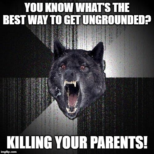 Insanity Wolf Meme |  YOU KNOW WHAT'S THE BEST WAY TO GET UNGROUNDED? KILLING YOUR PARENTS! | image tagged in memes,insanity wolf | made w/ Imgflip meme maker