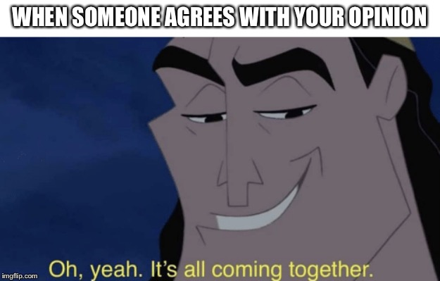 It's all coming together | WHEN SOMEONE AGREES WITH YOUR OPINION | image tagged in it's all coming together | made w/ Imgflip meme maker