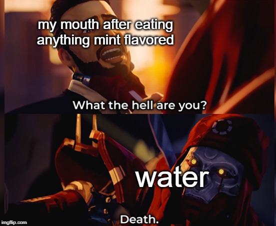 What the hell are you? Death | my mouth after eating anything mint flavored; water | image tagged in what the hell are you death | made w/ Imgflip meme maker