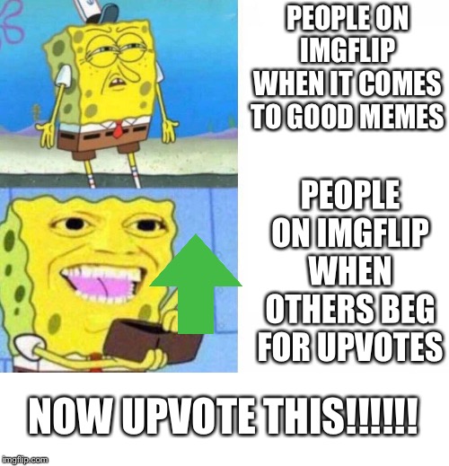 IMGFLIP in a nutshell 2 | PEOPLE ON IMGFLIP WHEN IT COMES TO GOOD MEMES; PEOPLE ON IMGFLIP WHEN OTHERS BEG FOR UPVOTES; NOW UPVOTE THIS!!!!!! | image tagged in sponge bob wallet,imgflip | made w/ Imgflip meme maker