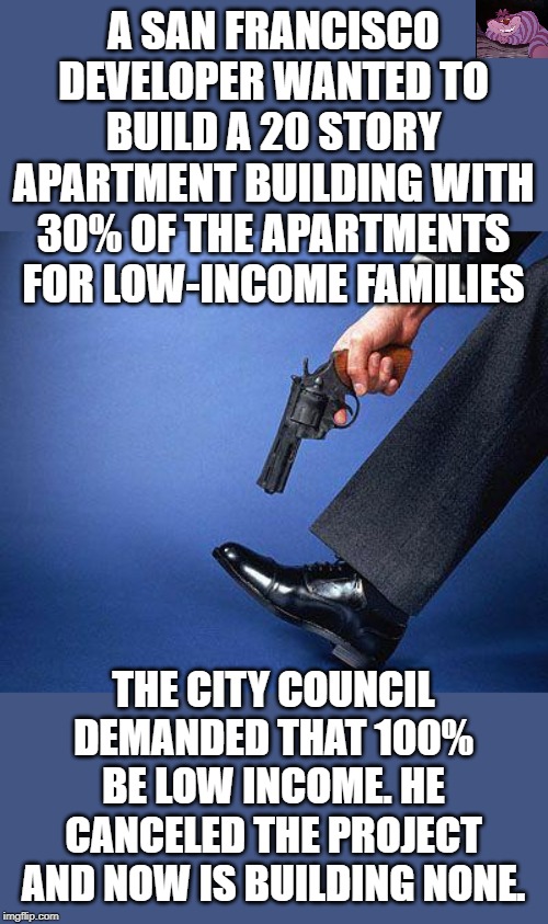 Left-wing Democrats just don't understand basic economics. | A SAN FRANCISCO DEVELOPER WANTED TO BUILD A 20 STORY APARTMENT BUILDING WITH 30% OF THE APARTMENTS FOR LOW-INCOME FAMILIES; THE CITY COUNCIL DEMANDED THAT 100% BE LOW INCOME. HE CANCELED THE PROJECT AND NOW IS BUILDING NONE. | image tagged in shoot yourself in the foot | made w/ Imgflip meme maker