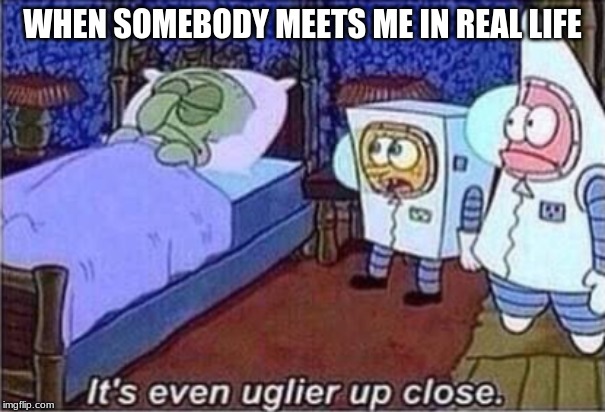It's even uglier up close | WHEN SOMEBODY MEETS ME IN REAL LIFE | image tagged in it's even uglier up close,wow,spongebob | made w/ Imgflip meme maker