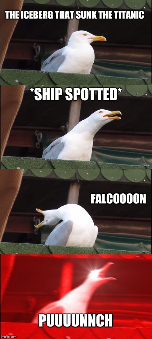 Inhaling Seagull Meme | THE ICEBERG THAT SUNK THE TITANIC; *SHIP SPOTTED*; FALCOOOON; PUUUUNNCH | image tagged in memes,inhaling seagull | made w/ Imgflip meme maker