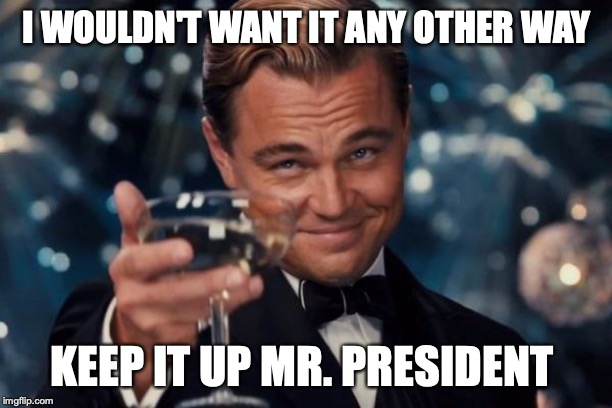 Leonardo Dicaprio Cheers Meme | I WOULDN'T WANT IT ANY OTHER WAY KEEP IT UP MR. PRESIDENT | image tagged in memes,leonardo dicaprio cheers | made w/ Imgflip meme maker