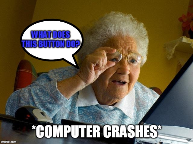 Grandma Finds The Internet Meme | WHAT DOES THIS BUTTON DO? *COMPUTER CRASHES* | image tagged in memes,grandma finds the internet | made w/ Imgflip meme maker
