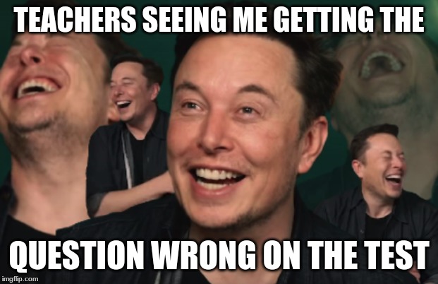 Elon Musk Laughing | TEACHERS SEEING ME GETTING THE; QUESTION WRONG ON THE TEST | image tagged in elon musk laughing | made w/ Imgflip meme maker