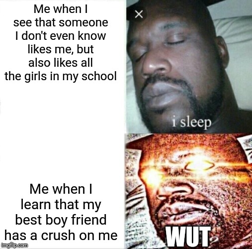 Sleeping Shaq Meme | Me when I see that someone I don't even know likes me, but also likes all the girls in my school; Me when I learn that my best boy friend has a crush on me; WUT | image tagged in memes,sleeping shaq | made w/ Imgflip meme maker