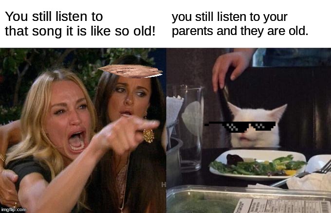 Woman Yelling At Cat | You still listen to that song it is like so old! you still listen to your parents and they are old. | image tagged in memes,woman yelling at cat | made w/ Imgflip meme maker