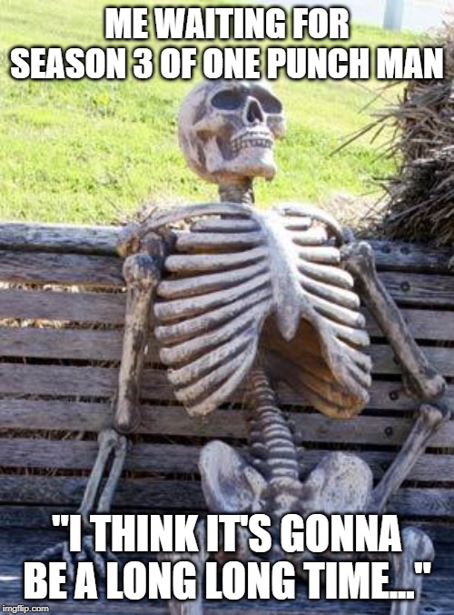 Waiting Skeleton | ME WAITING FOR SEASON 3 OF ONE PUNCH MAN; "I THINK IT'S GONNA BE A LONG LONG TIME..." | image tagged in memes,waiting skeleton | made w/ Imgflip meme maker