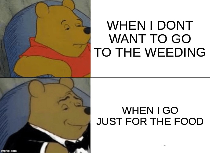 Tuxedo Winnie The Pooh | WHEN I DONT WANT TO GO TO THE WEEDING; WHEN I GO JUST FOR THE FOOD | image tagged in memes,tuxedo winnie the pooh | made w/ Imgflip meme maker