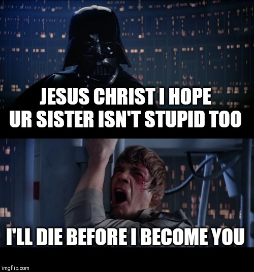 Star Wars No Meme | JESUS CHRIST I HOPE UR SISTER ISN'T STUPID TOO; I'LL DIE BEFORE I BECOME YOU | image tagged in memes,star wars no | made w/ Imgflip meme maker