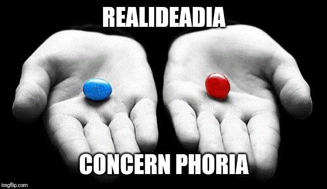 REALIDEADIA; CONCERN PHORIA | image tagged in red pills blue pills | made w/ Imgflip meme maker